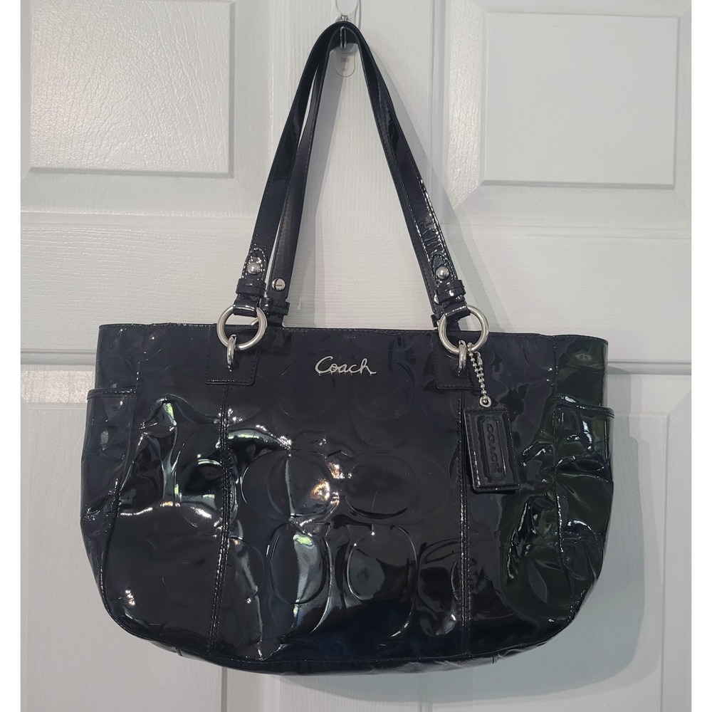 Vintage Coach Patent Leather Tote Purse Black Signature C Monogram Shoulder Bag - Picture 1 of 16